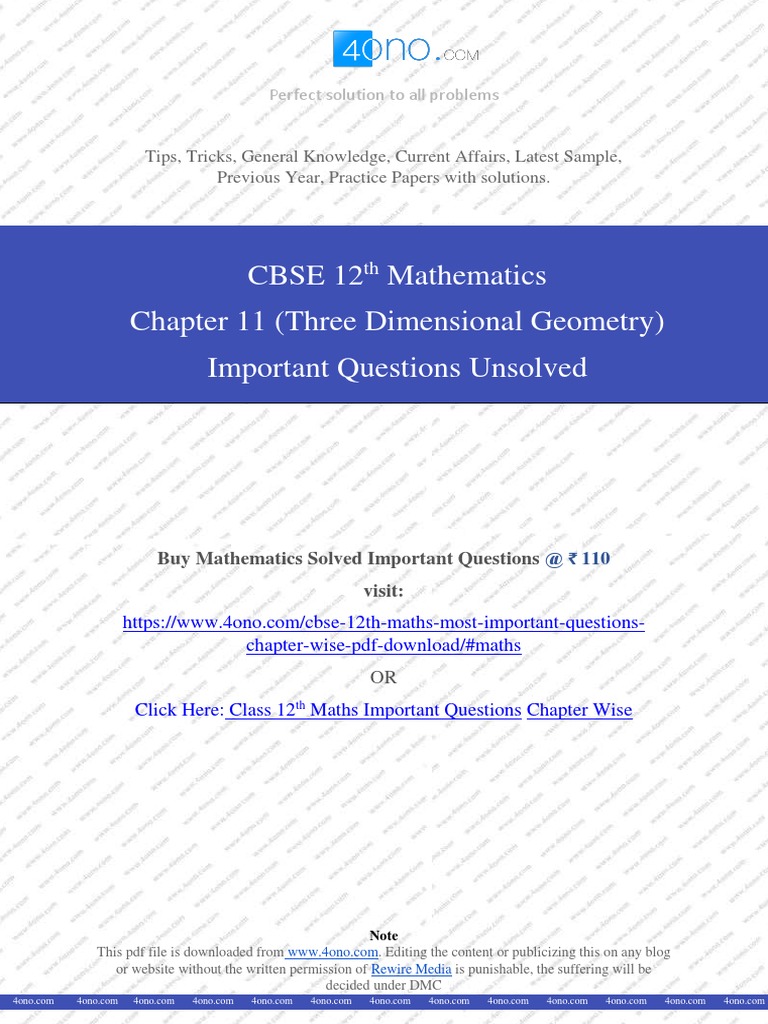 Class 12 3D Geometry Important Questions | PDF | Plane (Geometry ...