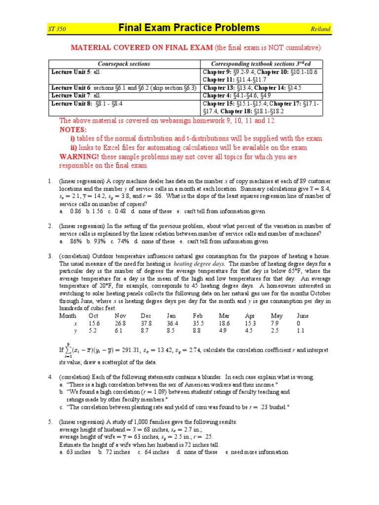 ST350 NCSU Practice Problems Final Exam PDF Errors And Residuals