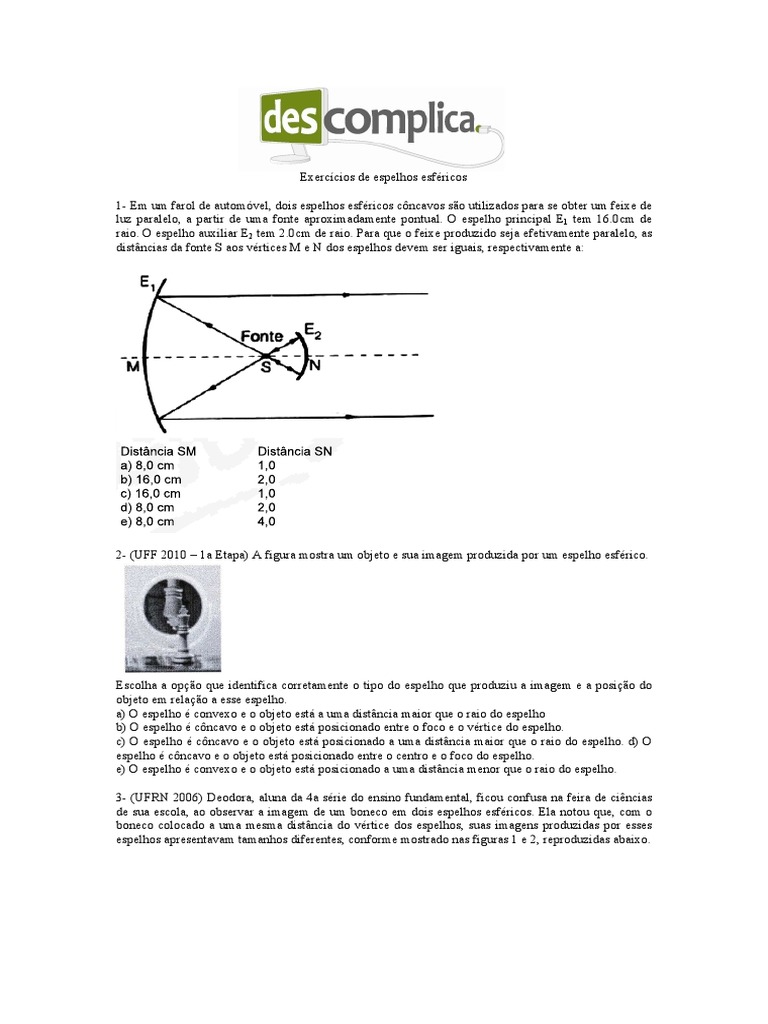 Exercícios - Espelhos Esféricos | Espelho | Atômica