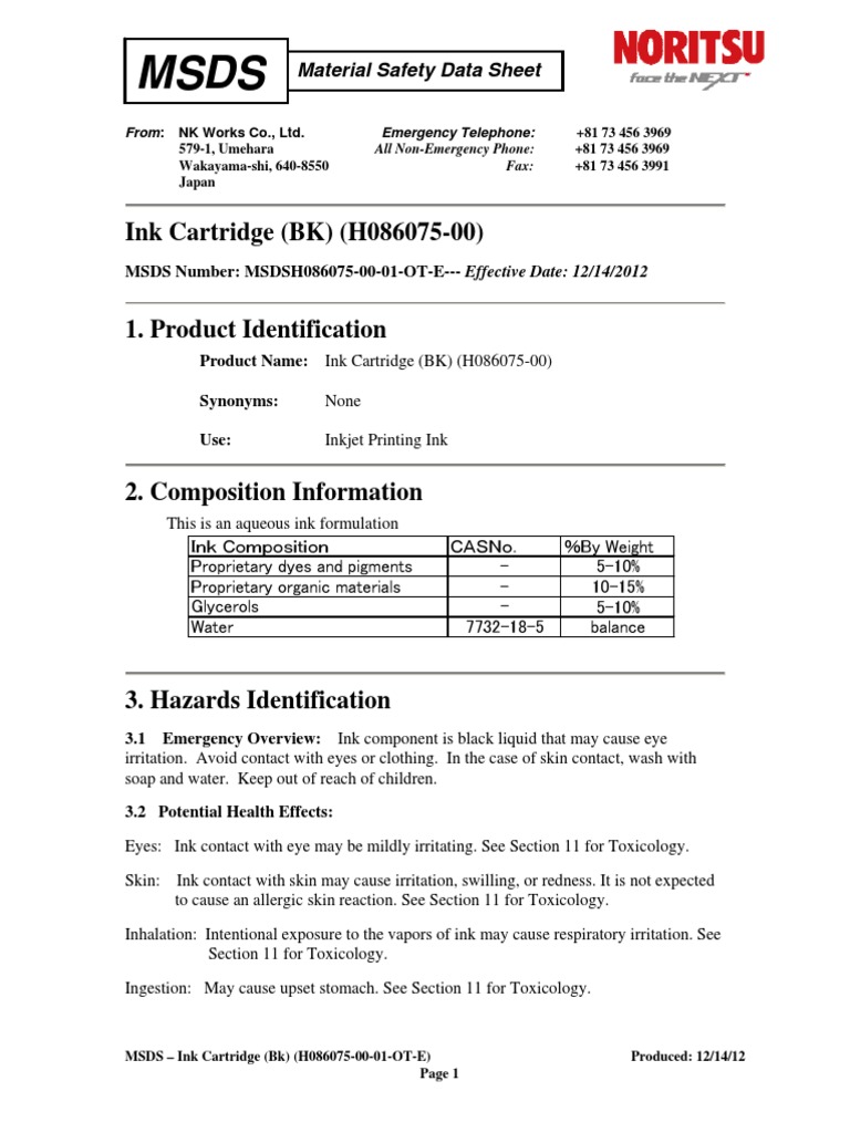 Ink Cartridge (BK) (H086075-00) : Material Safety Data Sheet | PDF ...