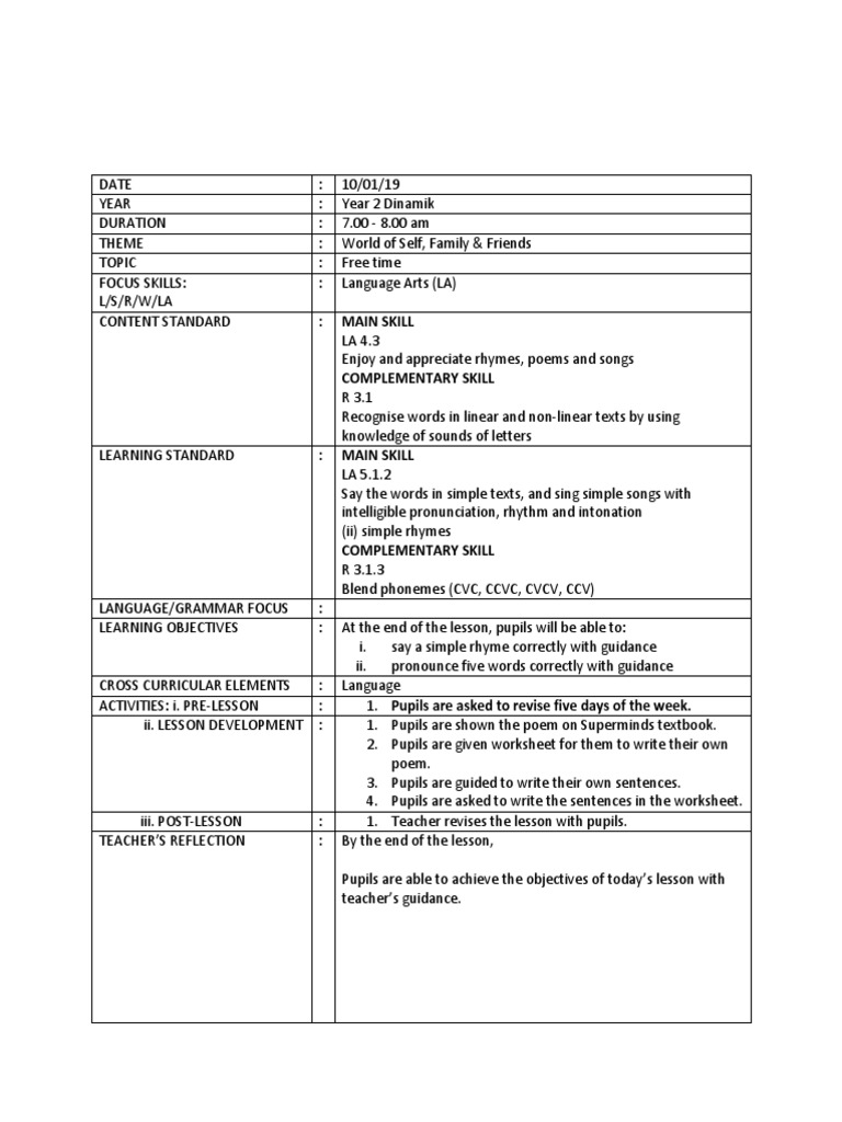 Language Arts Lesson Plan: Free Time | PDF