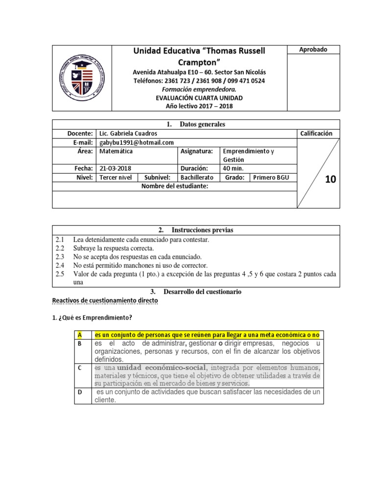 EVALUACIÓN DIAGNÓSTICA DE EMPRENDIMIENTO Y GESTION 1RO online exercise for