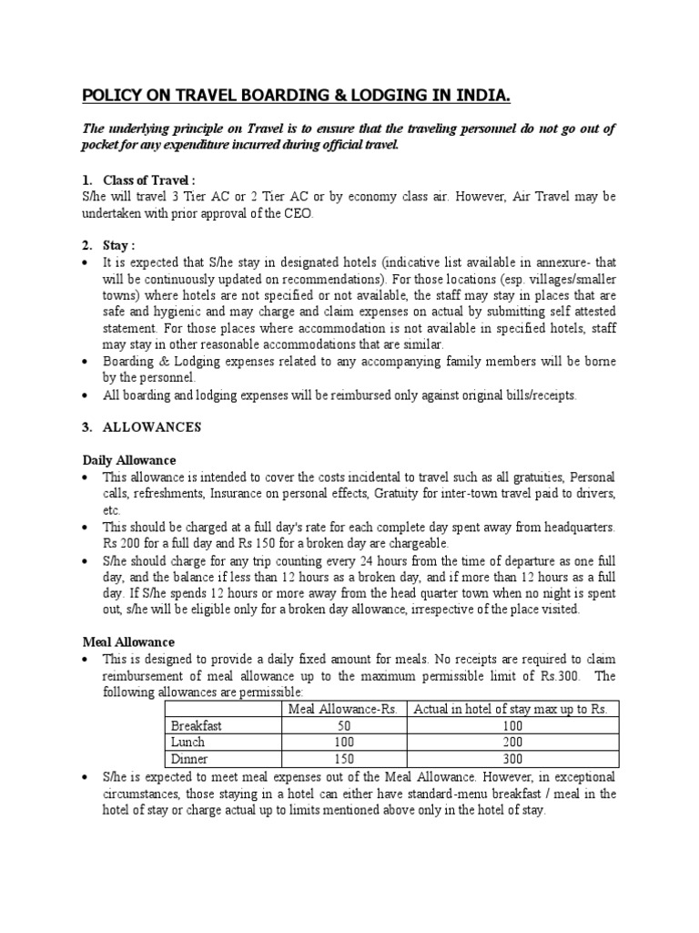 Travel Boarding & Lodging Policy India | PDF | Meal | Expense