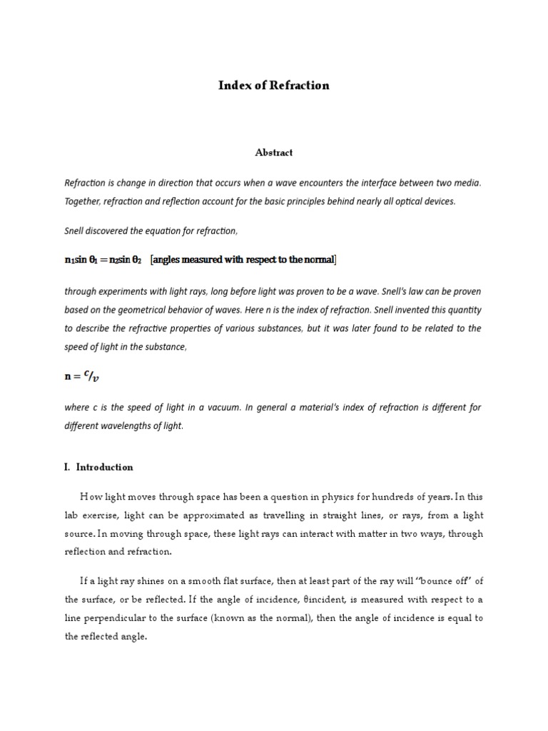 LAB REPORT Index of Refraction PDF Refraction Refractive Index
