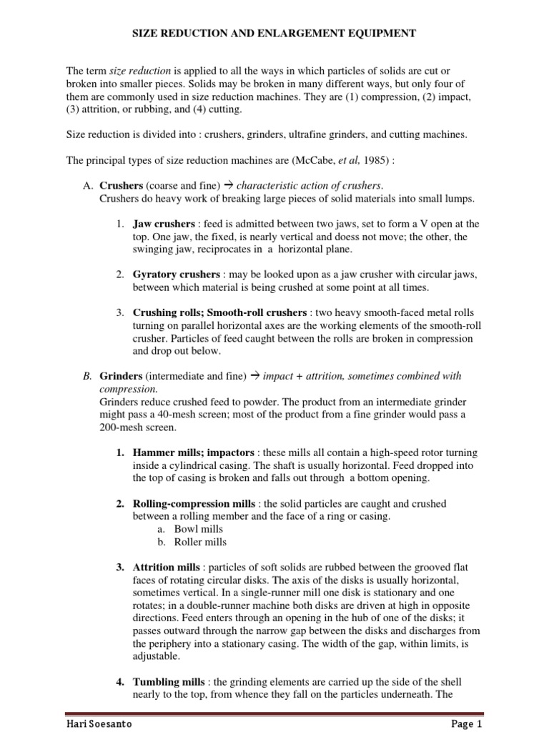 Overview of Size Reduction Equipment | PDF | Mill (Grinding ...