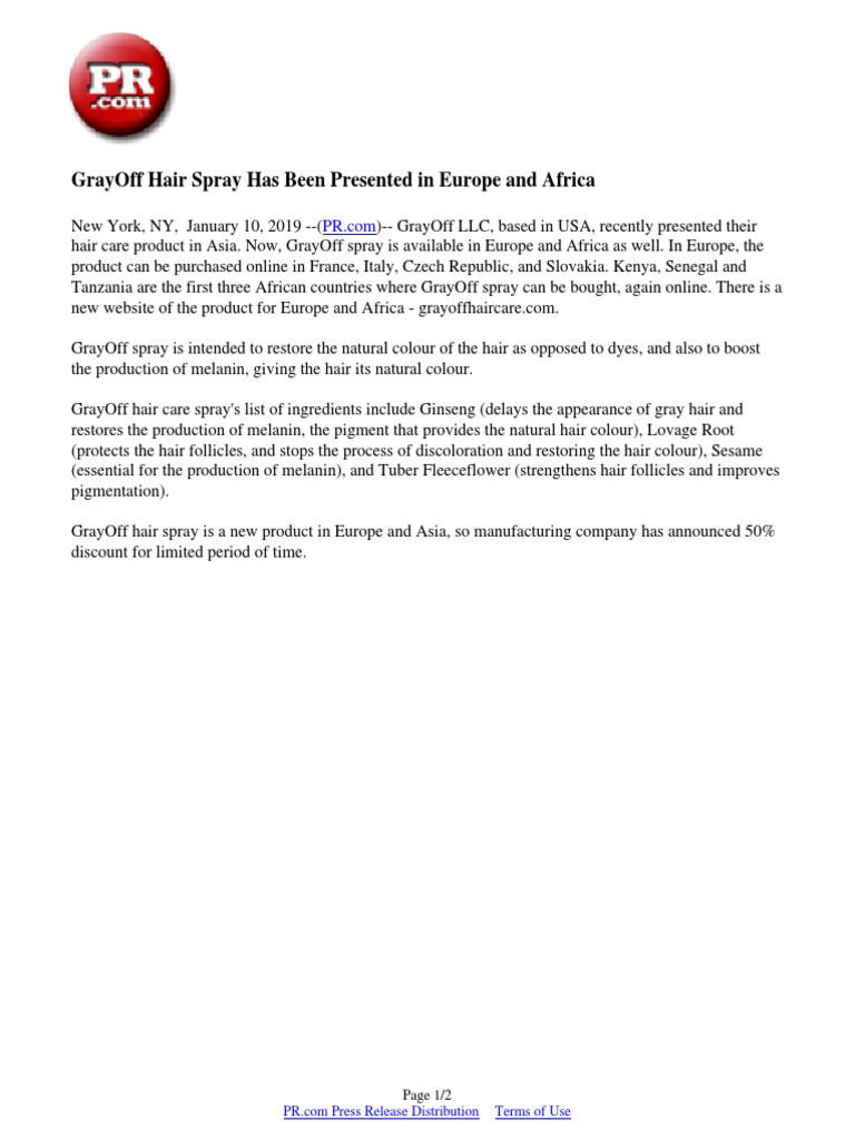 GrayOff Hair Spray Has Been Presented in Europe and Africa PDF Hair