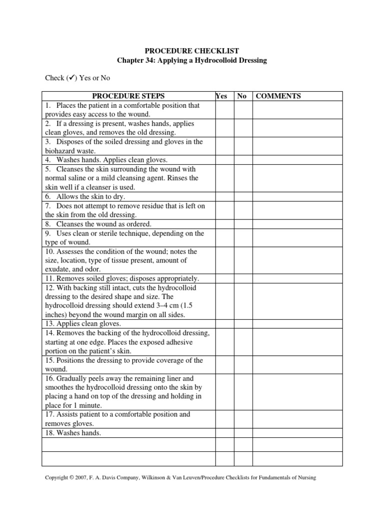 Procedure Checklist Chapter 34 Applying A Hydrocolloid Dressing PDF