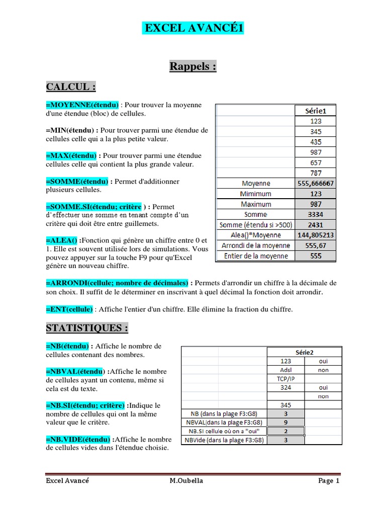 Arrondir Un Nombre Exercices à Imprimer Cm1 Rappel Excel 1 | PDF | Microsoft Excel | Matrice (Mathématiques)