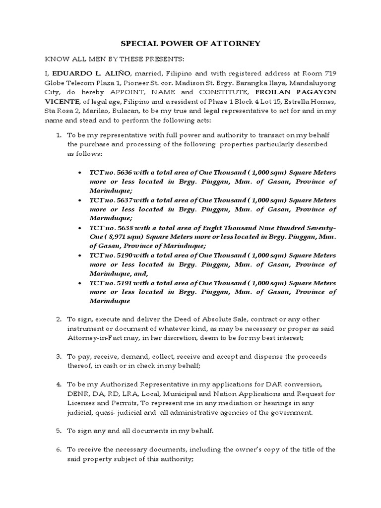 Special Power of Attorney VICENTE, of Legal Age, Filipino and A