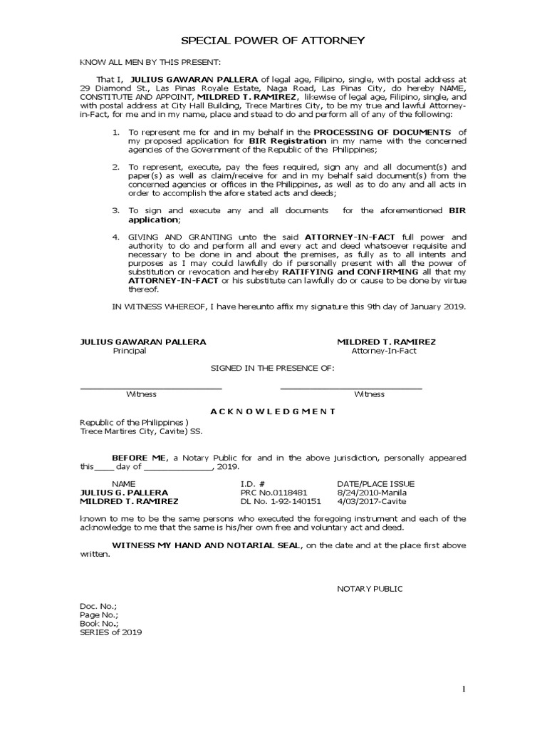 Special Power of Attorney for BIR Processing | PDF | Power Of Attorney ...