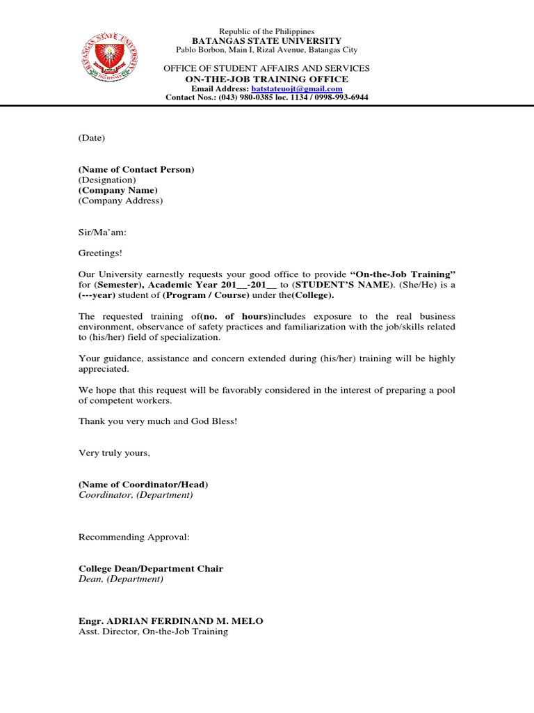 OJT Endorsement Letter Template PDF