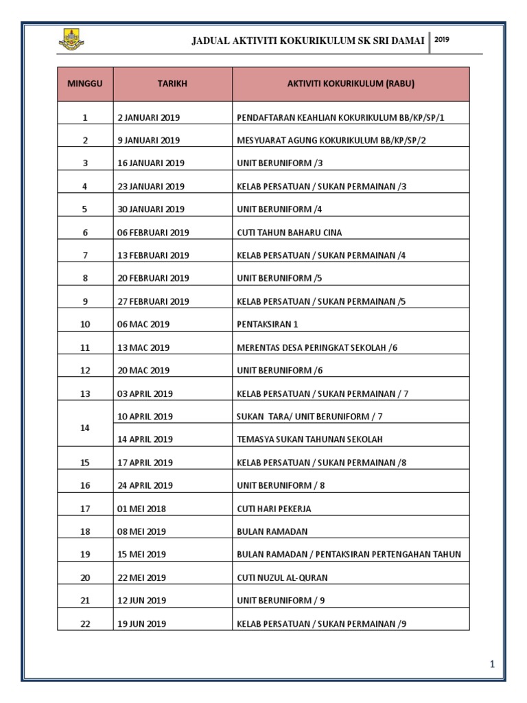 Jadual Kokurikulum 2019