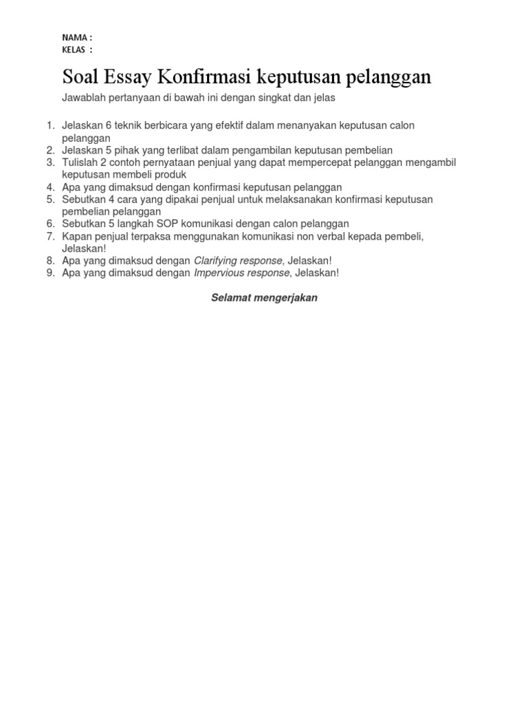 Contoh Soal Essay Konfirmasi Keputusan Pelanggan Docx