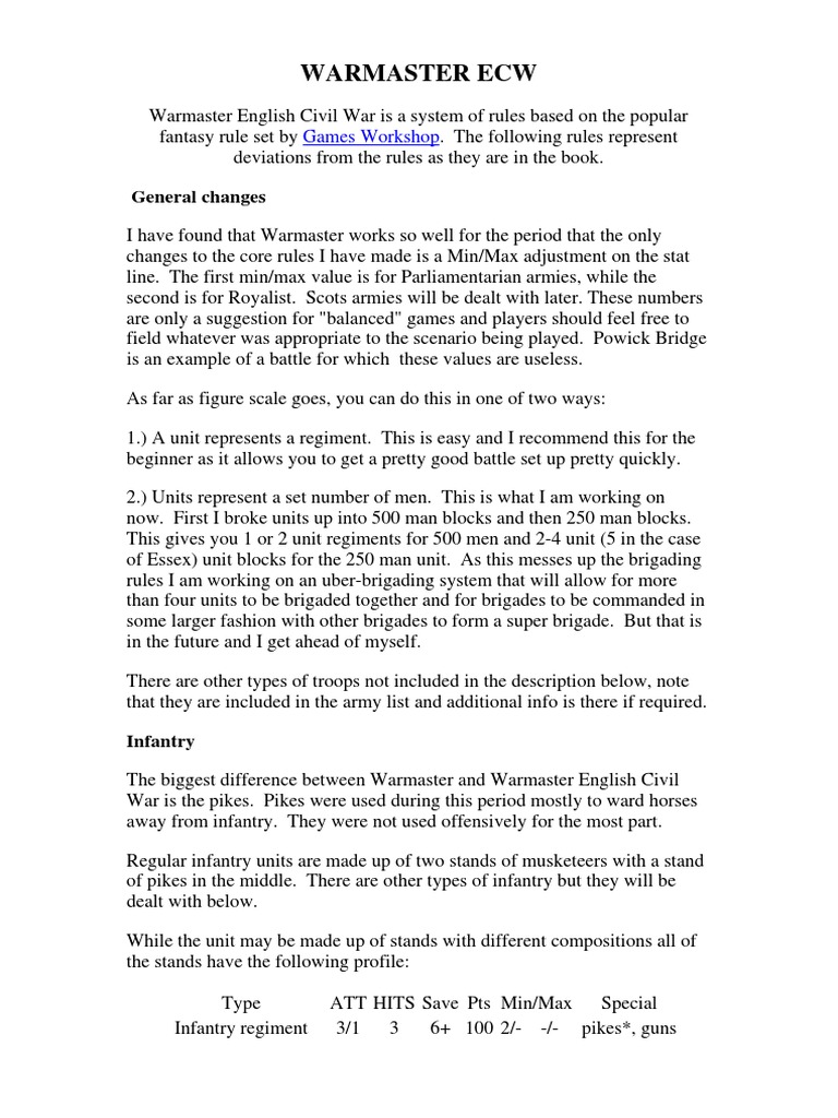 Warmaster ECW Rule Modifications | PDF | Infantry | Wars & Military