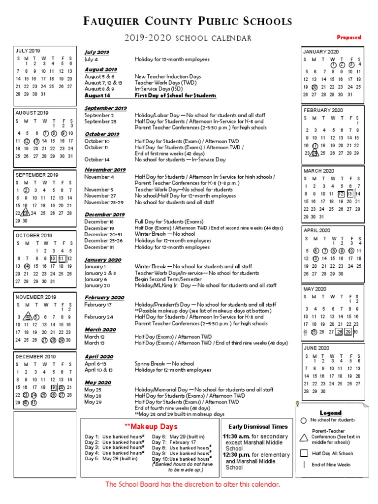 201920 Adopted Fauquier County School Calendar PDF Educational