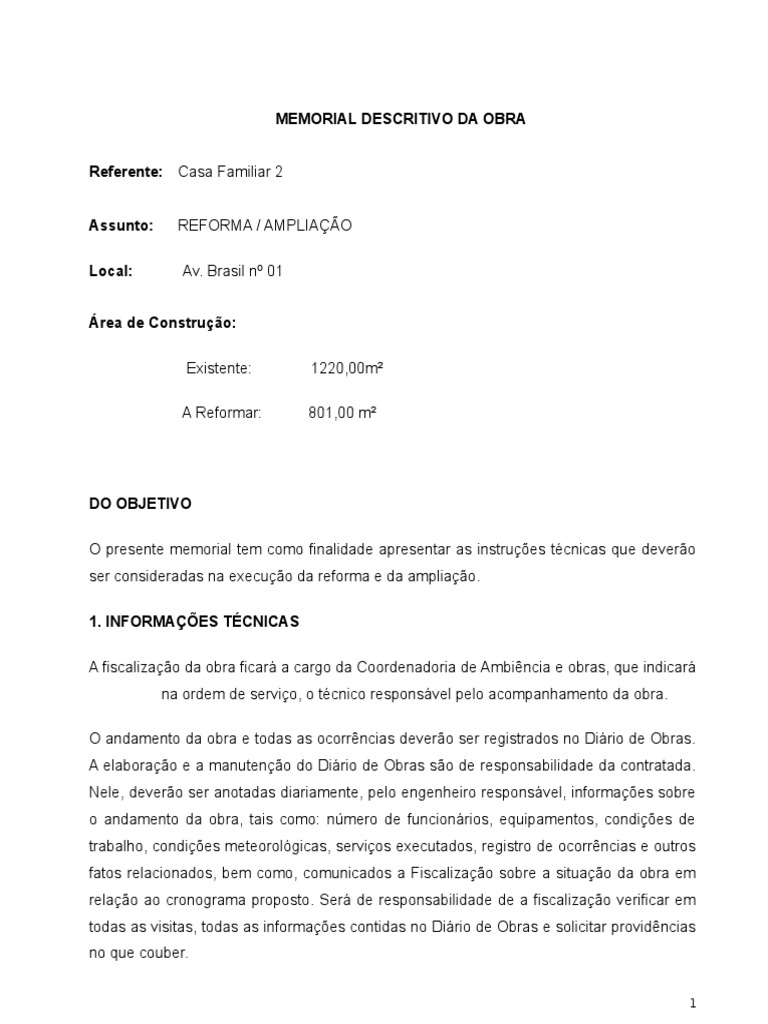 Memorial Descritivo da Reforma da Casa Familiar 2 | PDF | Argamassa ...