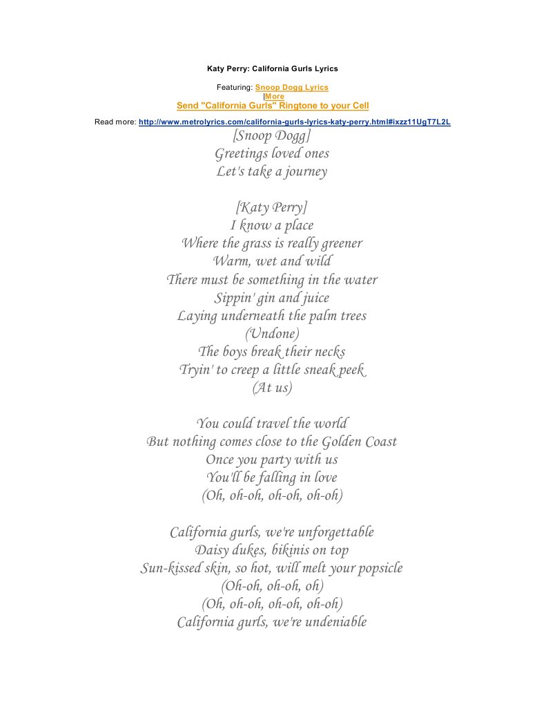 Katy Perry California Gurls Lyrics PDF Hip Hop Number One Singles