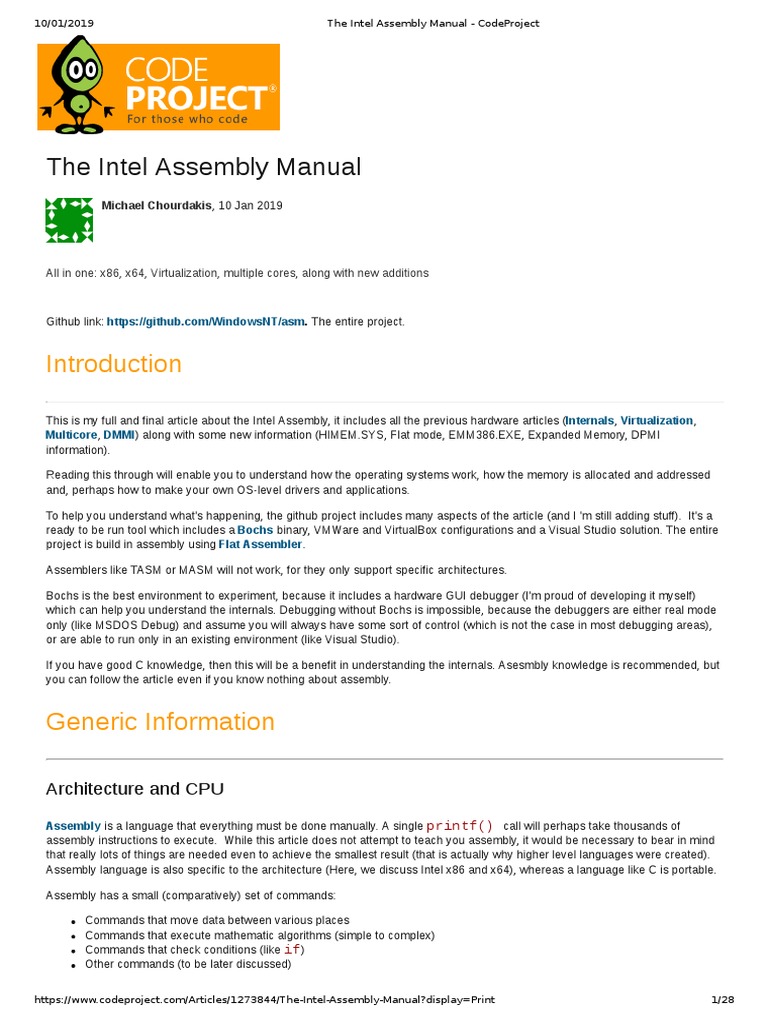 The Intel Assembly Manual CodeProject PDF Office Equipment