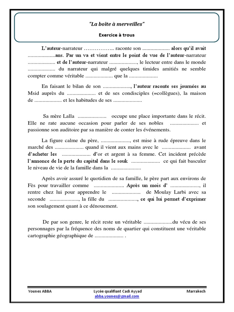 Exercices Texte A Trou A Imprimer La Boite À Merveilles Exercice À Trous Abba | PDF | Romans
