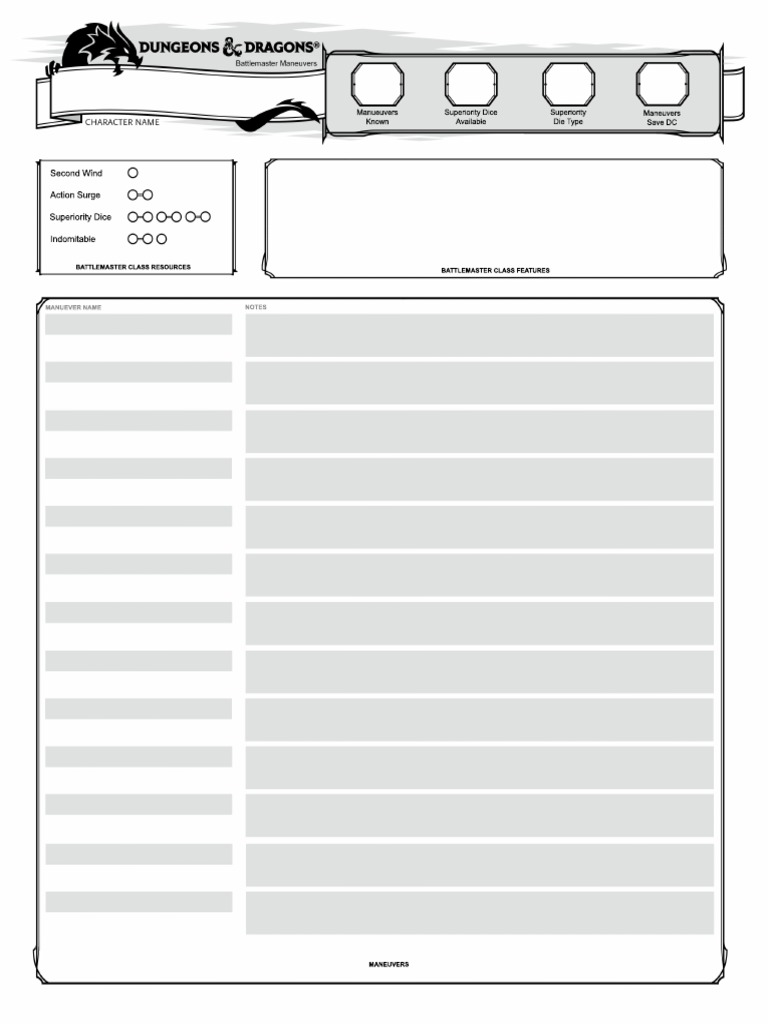 Ivamel Battlemaster Reference Sheet Form Fillable