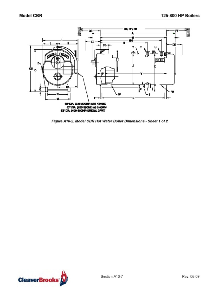 Model CBR 125800 HP Boilers Figure A102. Model CBR Hot Water Boiler Dimensions Sheet 1 of 2