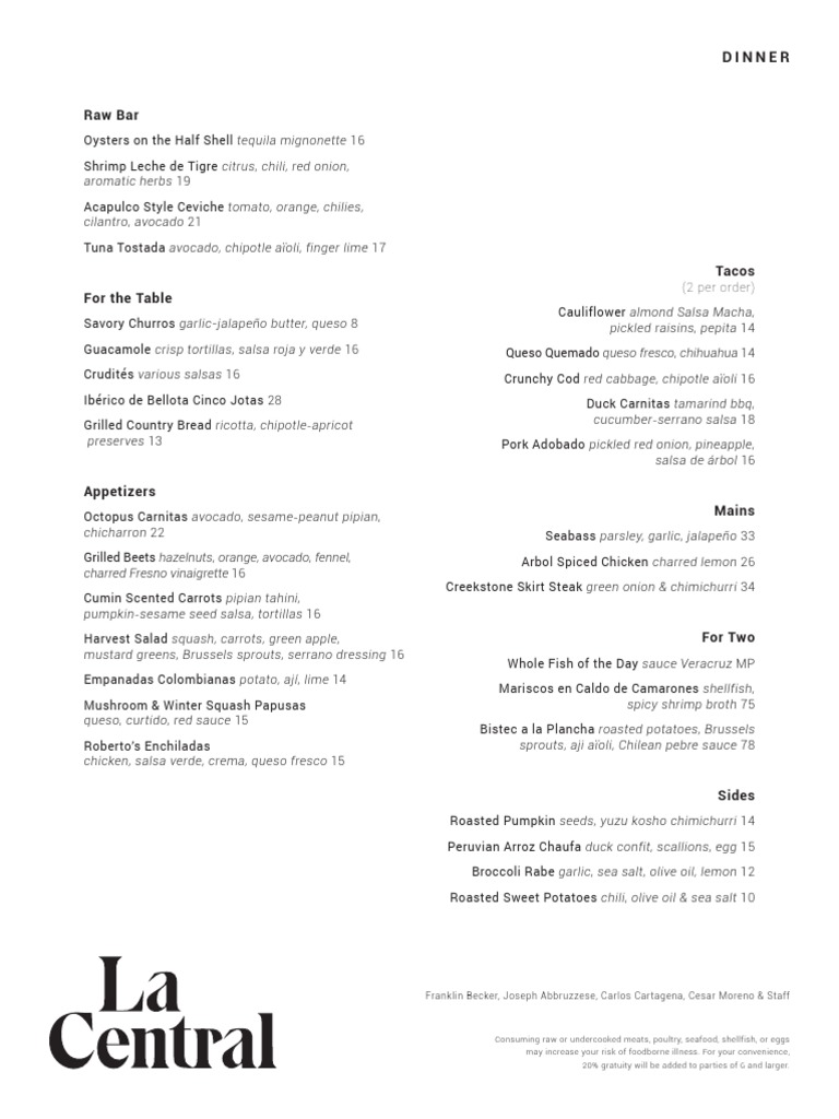 La Central Menu - Dinner | PDF | Pickling | Salsa (Sauce)