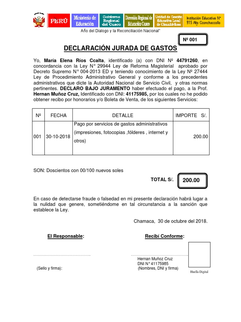 Declaración Jurada de Gastos | PDF