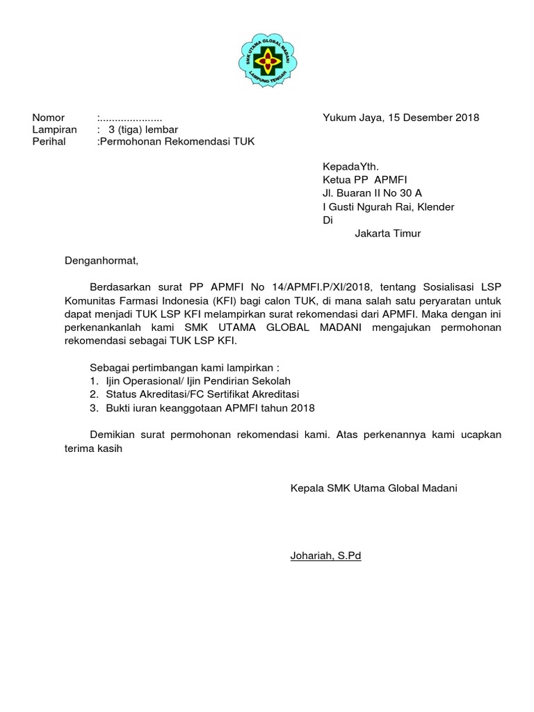 Surat Permohonan Rekomendasi Tuk