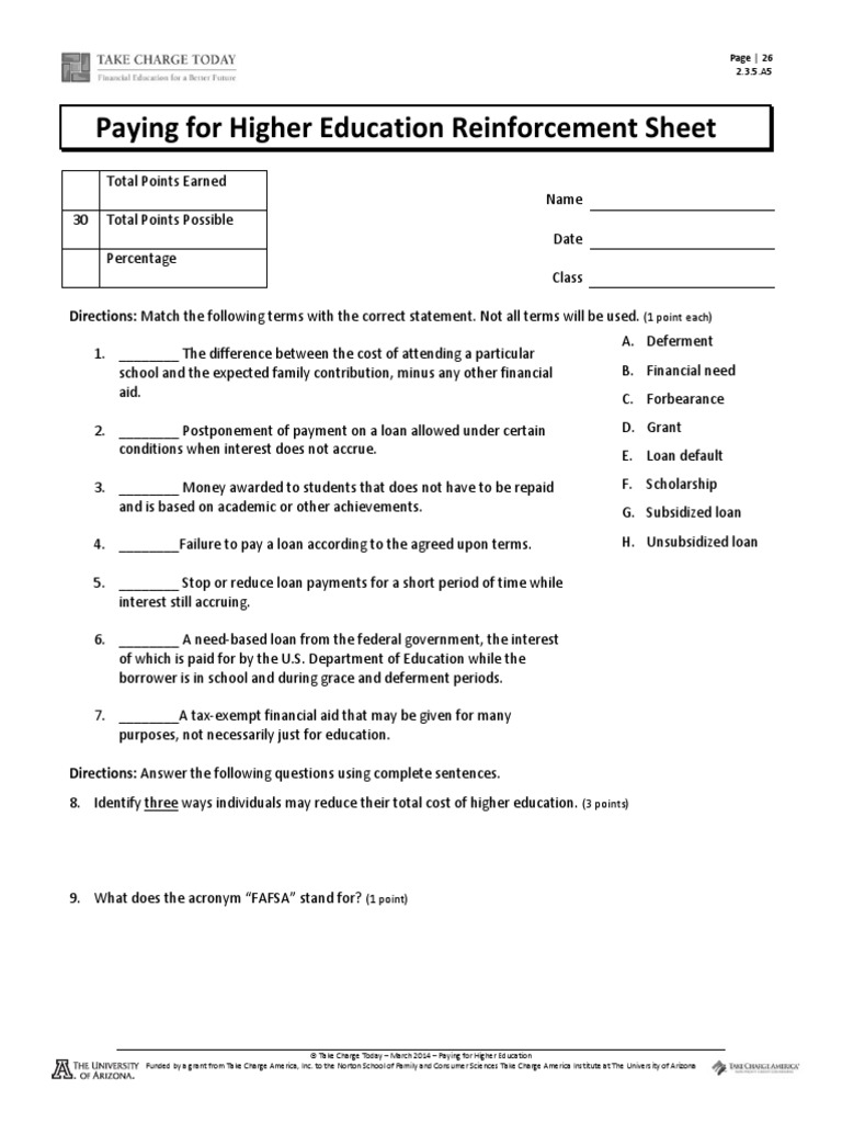 Paying For Higher Education Reinforcement Sheet 2 Student Loans In The United States Loans
