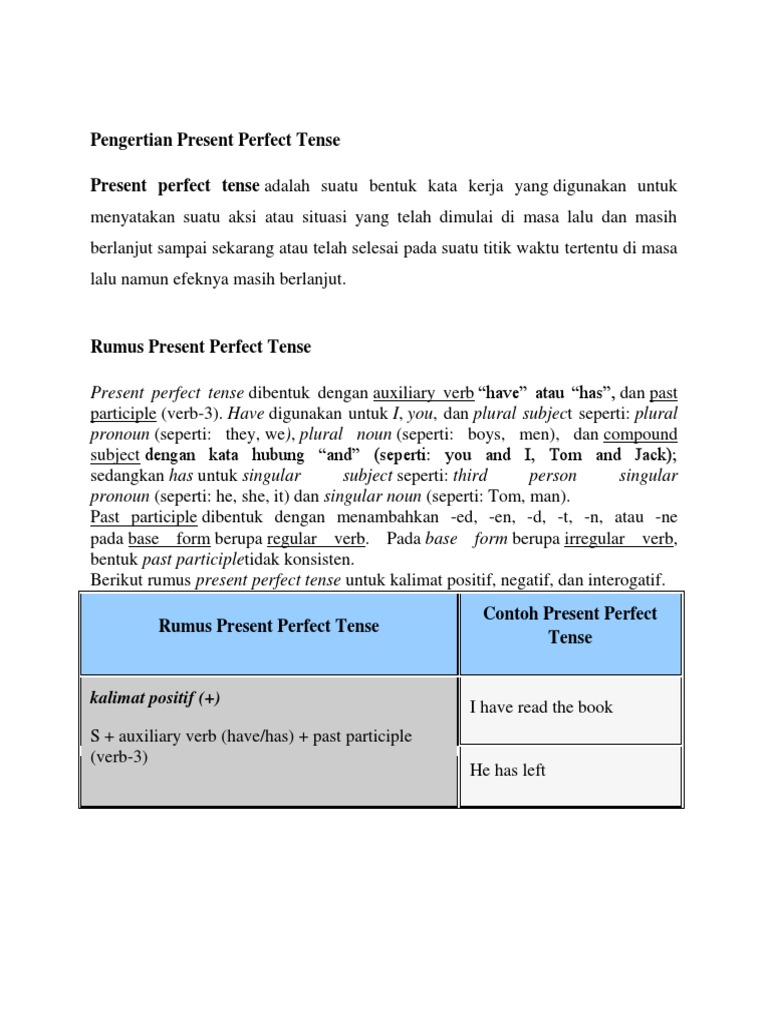 Pengertian Present Perfect Tense Pdf Kata Kerja Bahasa