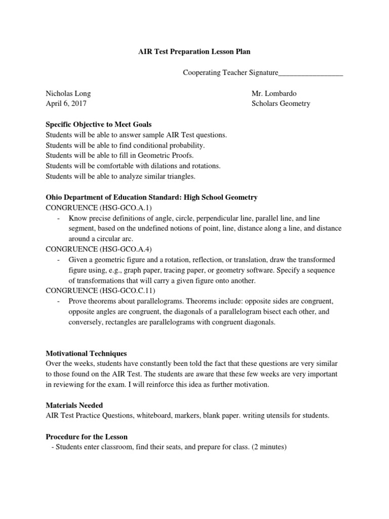 AIR Test Preparation Lesson Plan PDF Geometry Cognition