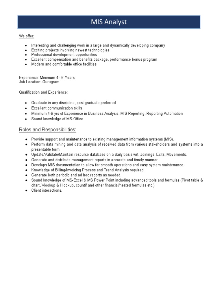 MIS Analyst Role in Gurugram | PDF | Career & Growth | Business