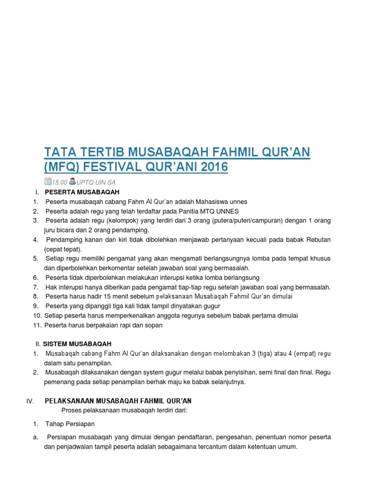 Tata Tertib Lomba Fahmil Qur'an 2016 | PDF