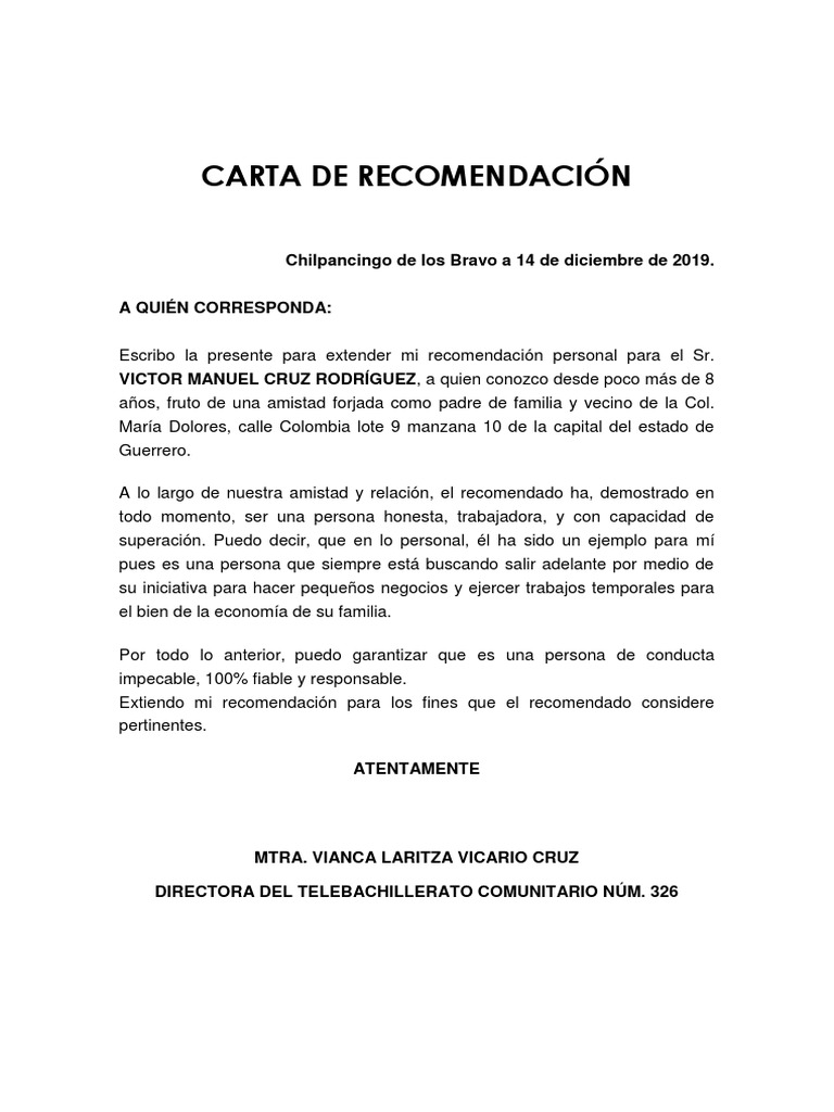 Carta de recomendación personal de un vecino pdf