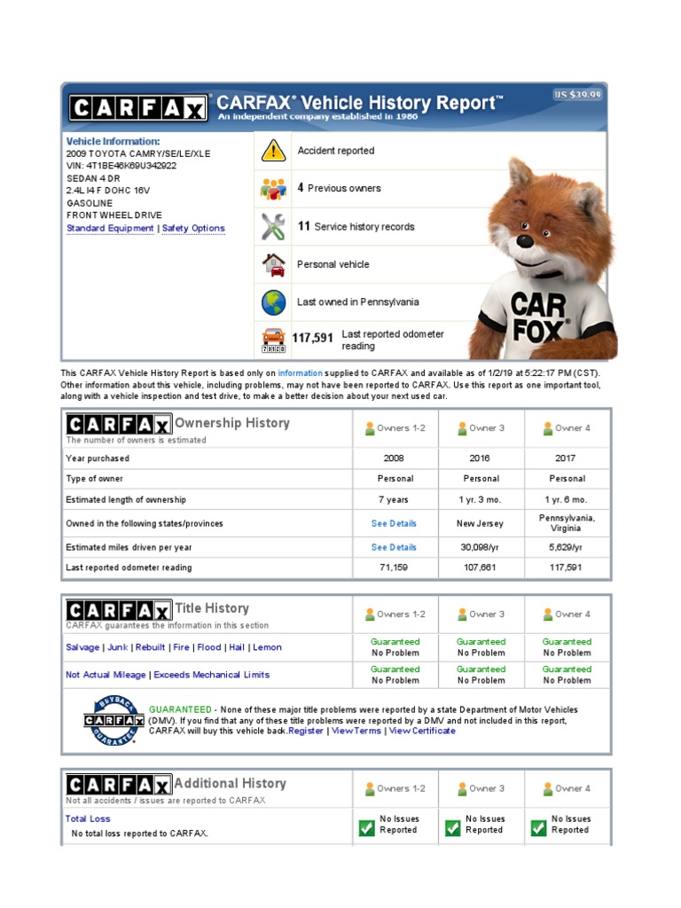 Toyota Carfax Report Download Free Pdf Used Car Department Of