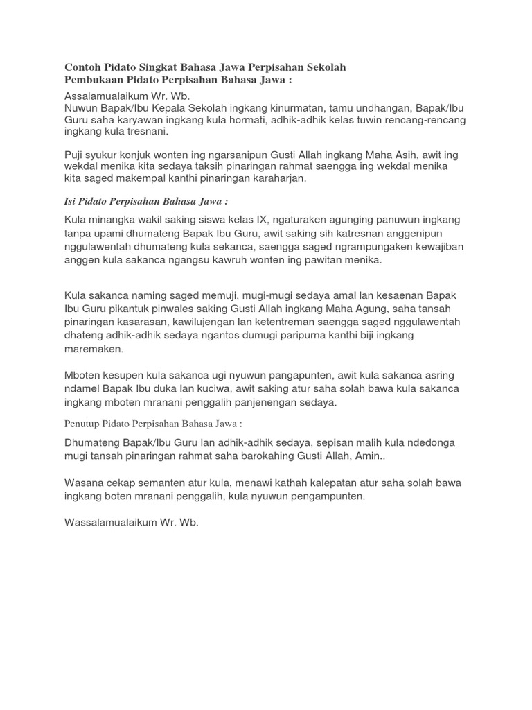 Contoh Pidato Singkat Bahasa Jawa Perpisahan Sekolah
