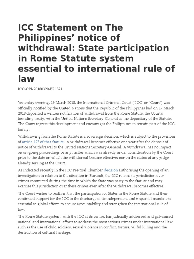 ICC Statement On The Philippines' Notice of Withdrawal State