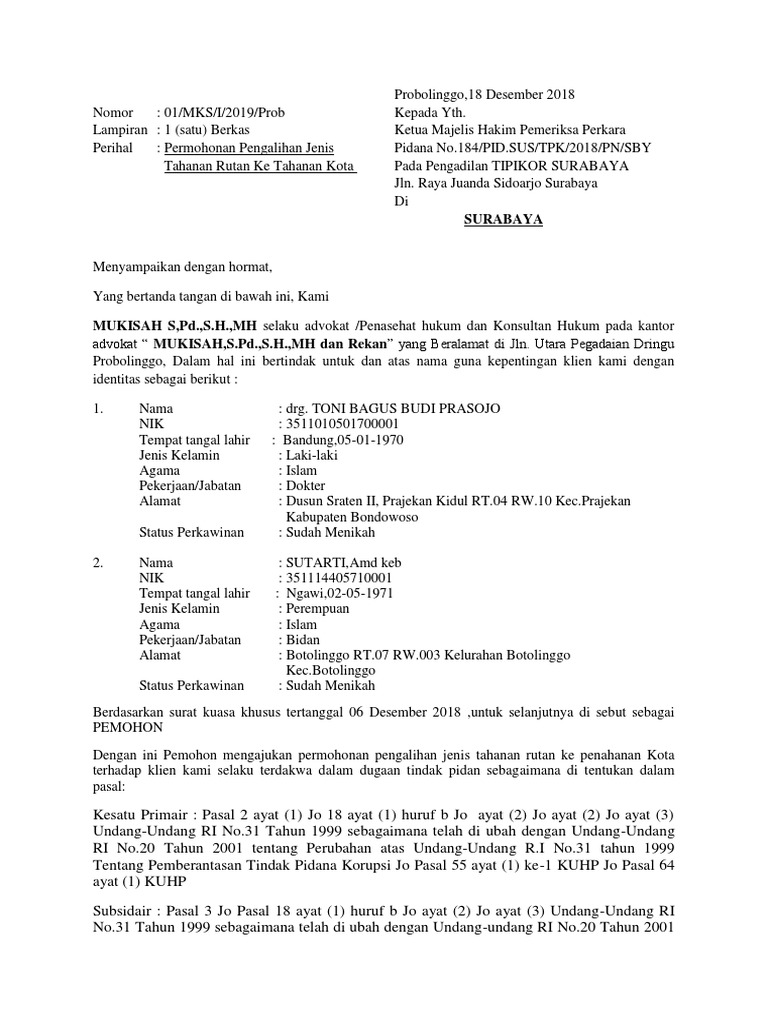 Surat Permohonan Pengalihan Penahanan
