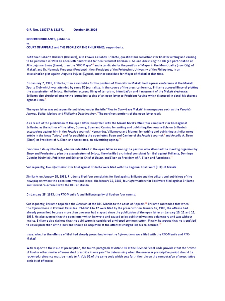 Brillante V CA PDF Statute Of Limitations Defamation