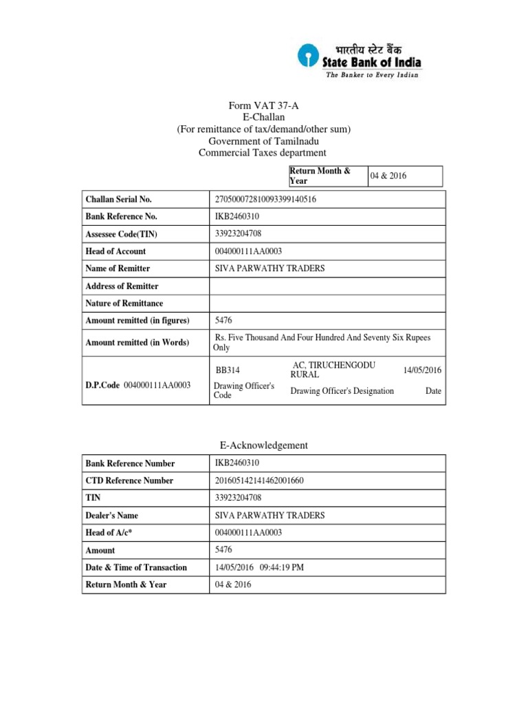 Form VAT 37-A E-Challan (For Remittance of Tax/demand/other Sum ...