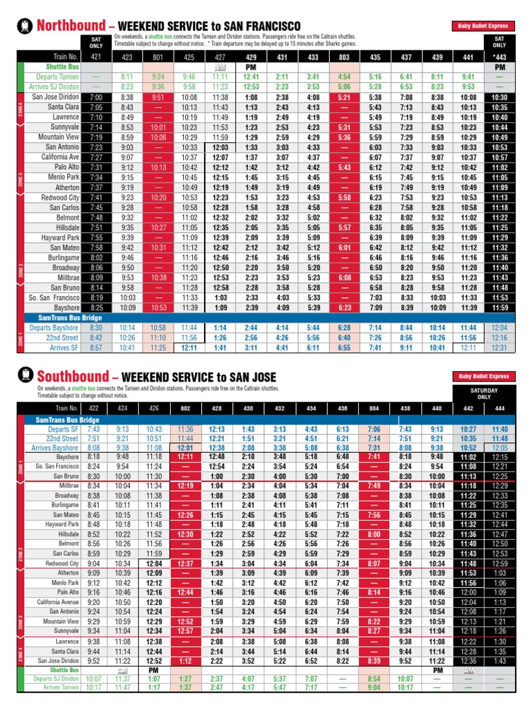Caltrain Weekend Timetable With Bus Bridge PDF Caltrain Passenger