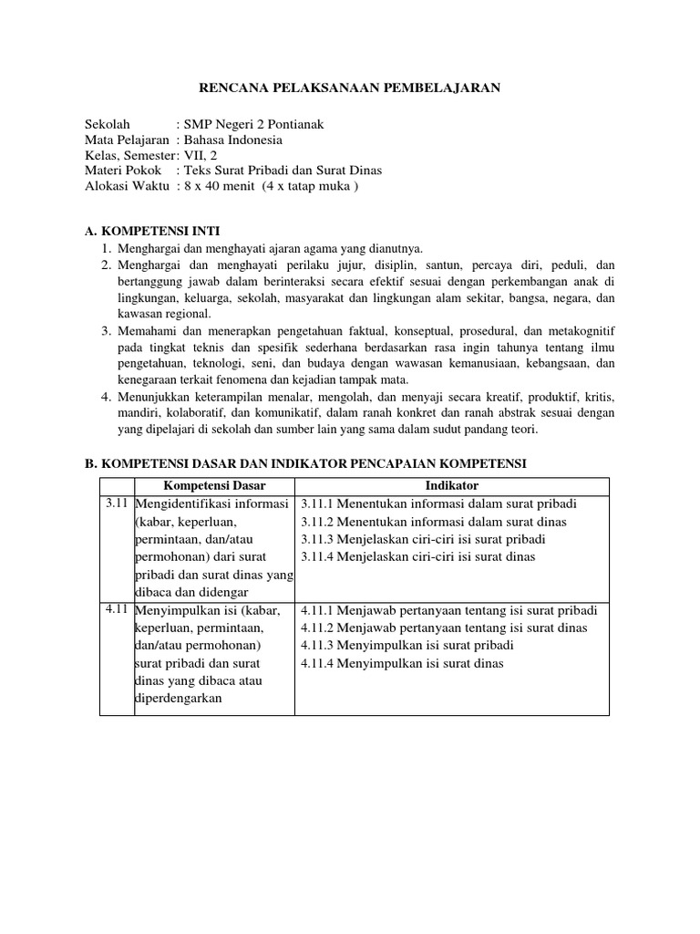 CONTOH RPP Surat Pribadi Dan Dinas (Revisi) | PDF