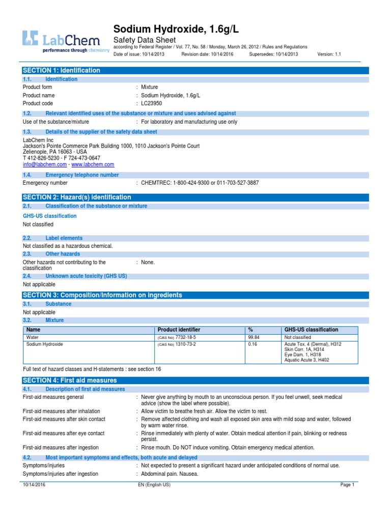 Sodium Hydroxide, 1.6g/L Safety Data Sheet PDF Toxicity Firefighting