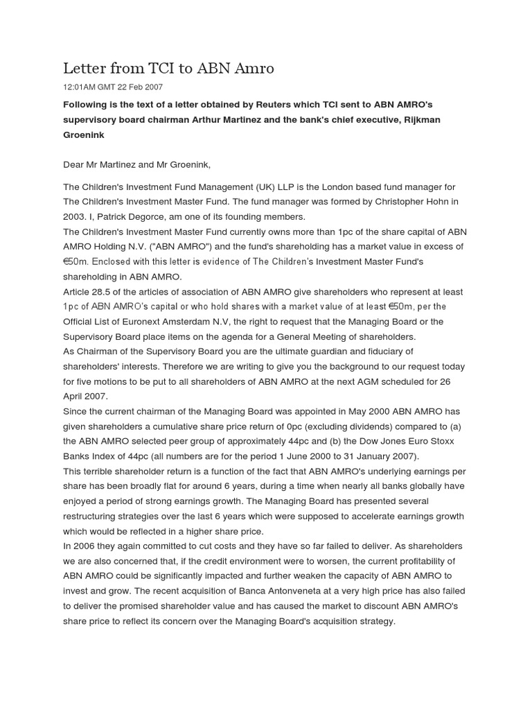 TCI's Request for ABN AMRO AGM Motions | PDF | Mergers And Acquisitions ...