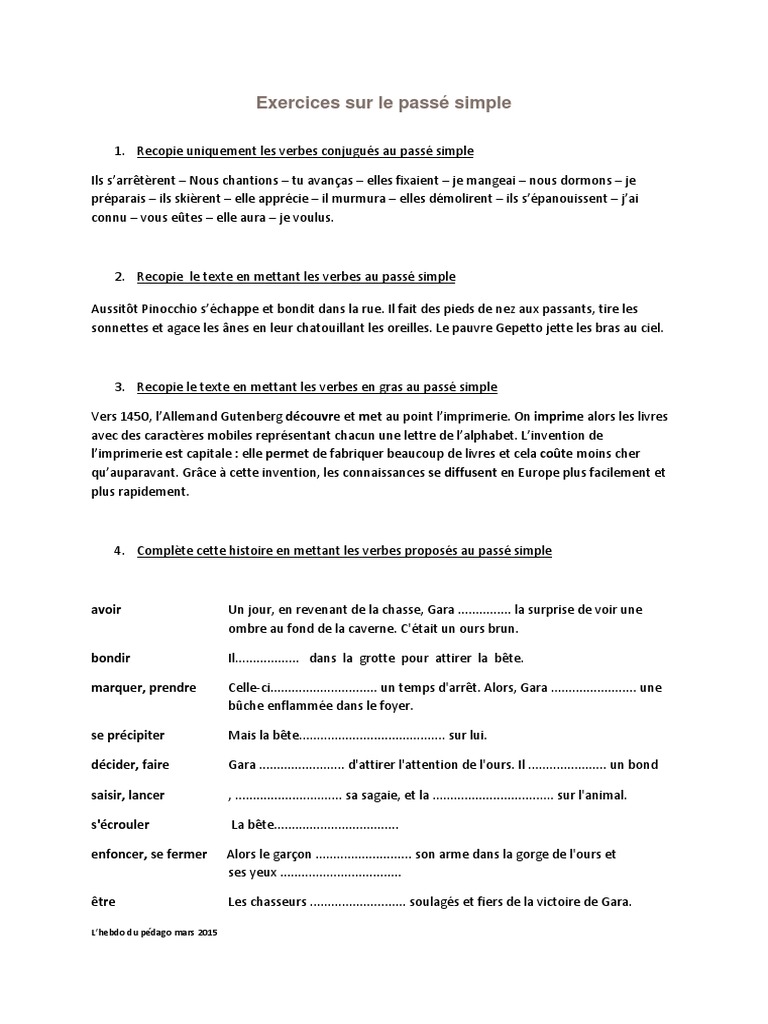 Exercices Passé Simple Cm2 à Imprimer Xercices Sur Le Passe Simple PDF | PDF | Impression | Loisirs