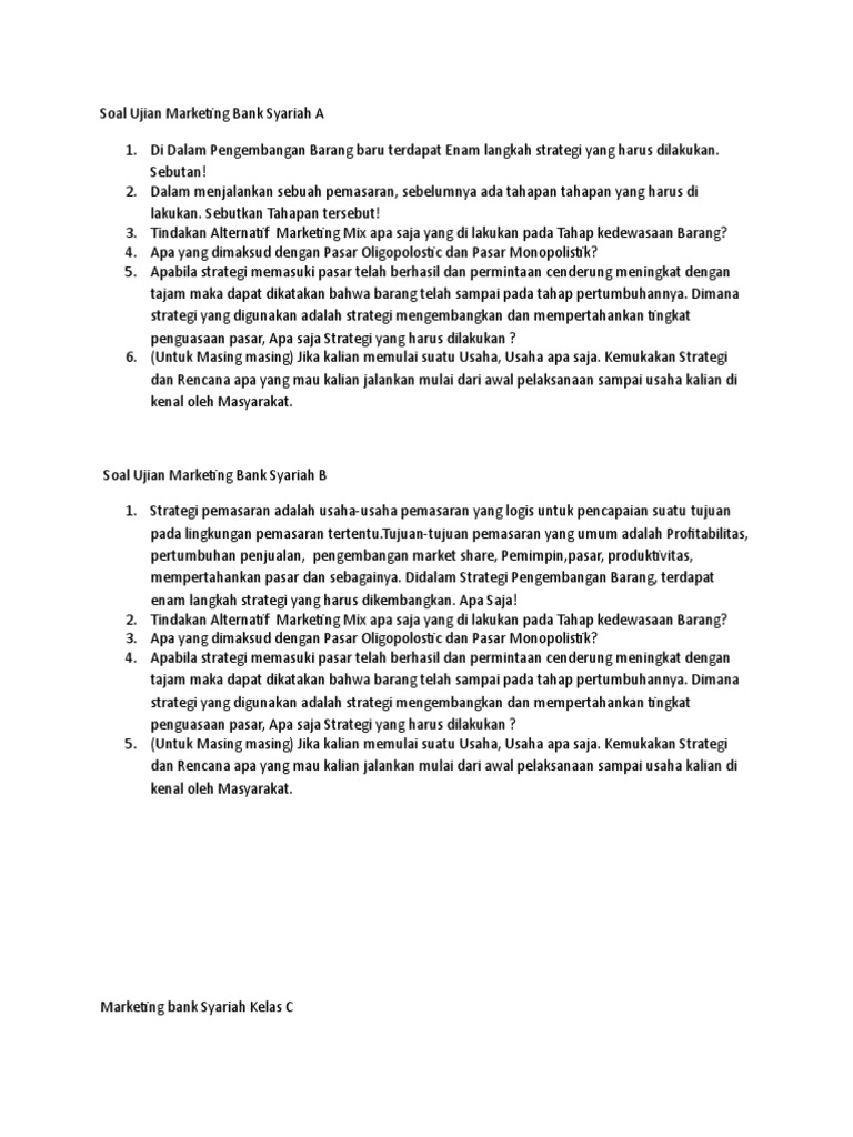 Soal Ujian Marketing Bank Syariah