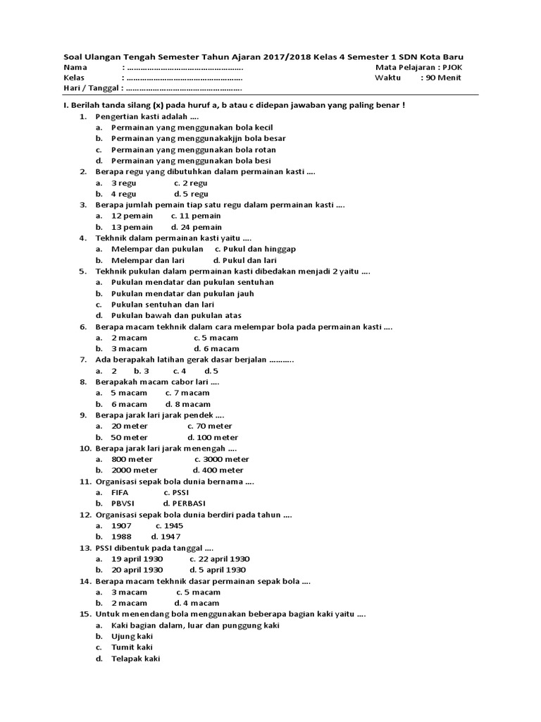 Soal Uas Pjok Kelas 4 Semester 1 Dan Kunci Jawaban