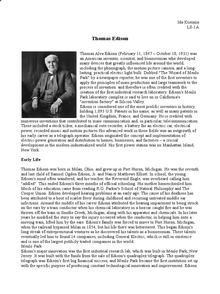 Thomas Edison: Inventor and Innovator | PDF | Thomas Edison ...
