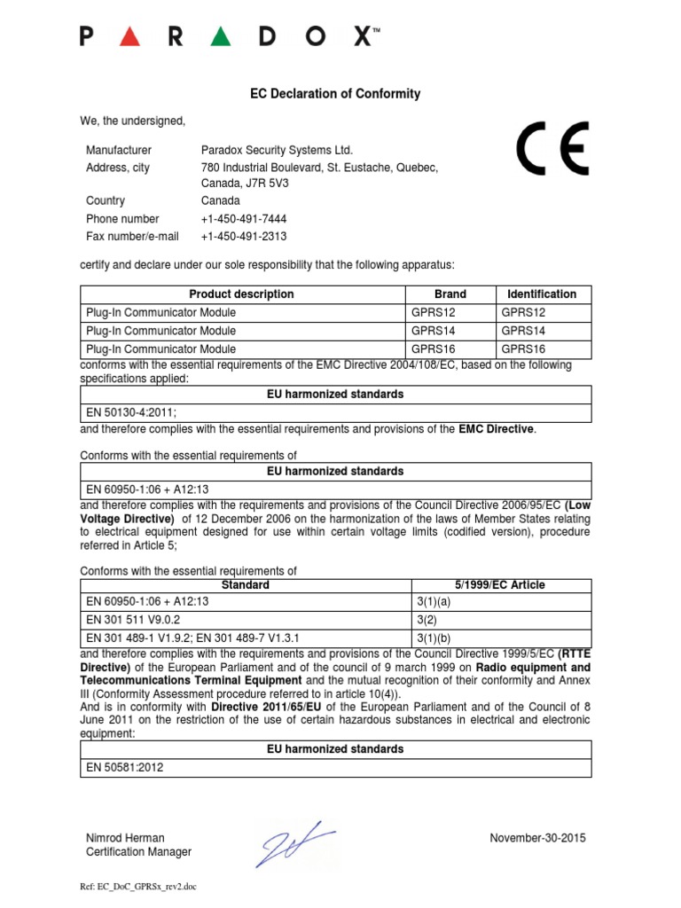 Ec Declaration of Conformity Ref Ec Doc GPRSX Rev2 PDF Directive (European Union