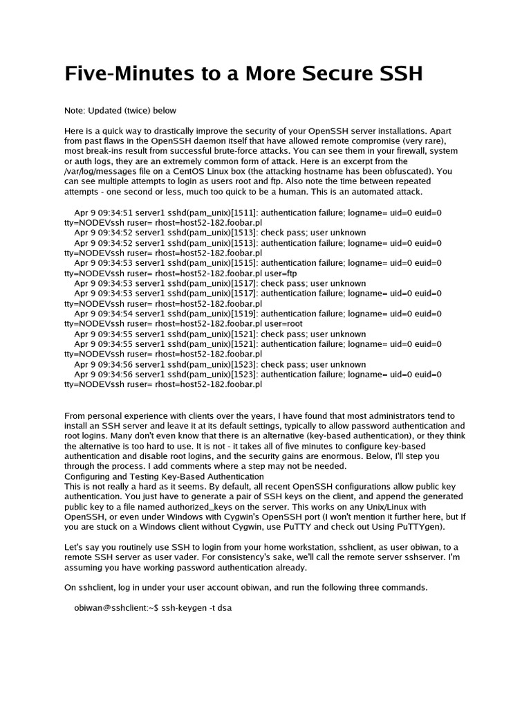5 Minutes To More Secure SSH | PDF | Secure Shell | Security Technology